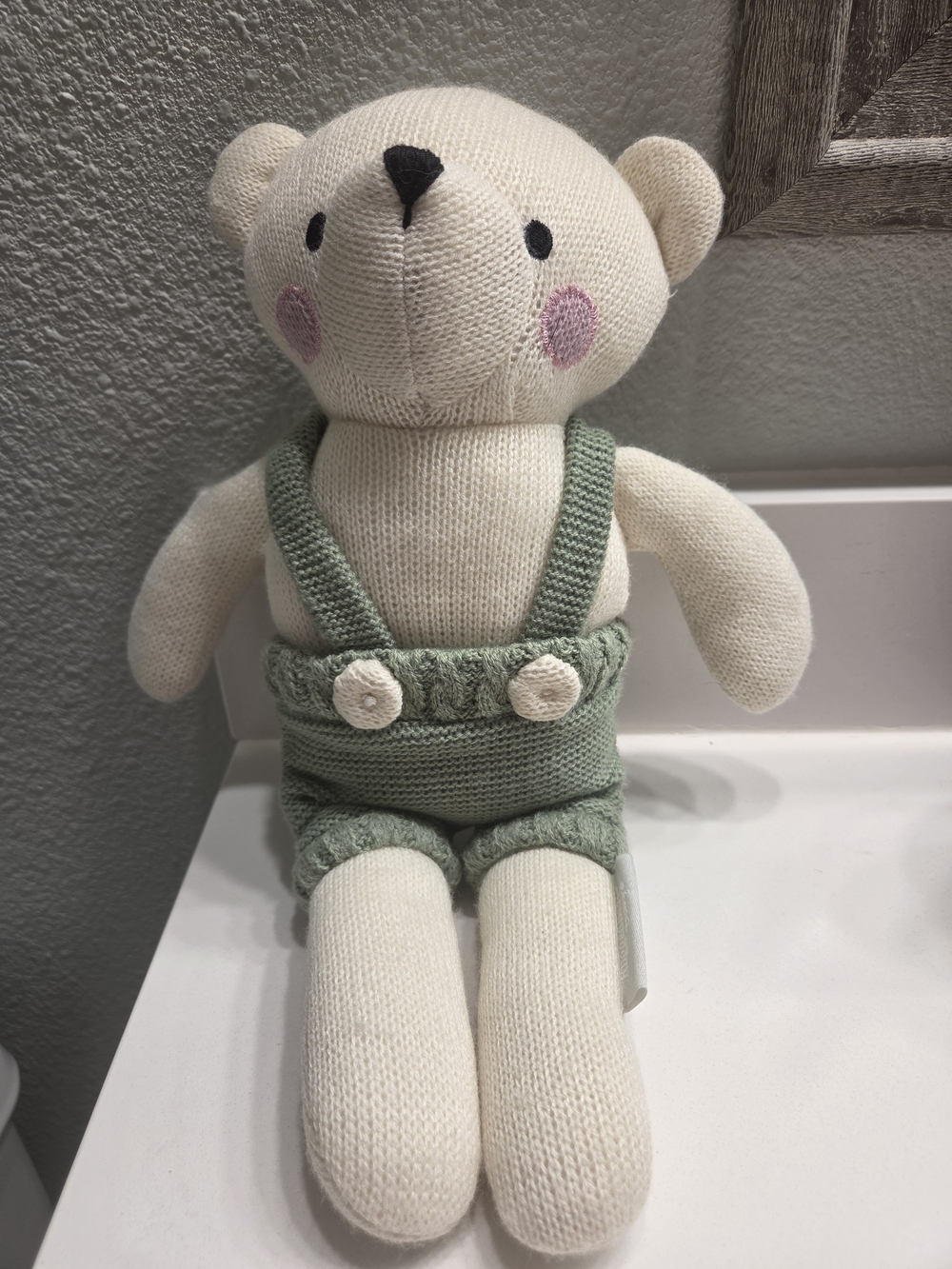 Rugged Bear Baby 14in Plush Knit Bear in Cream with Sage Overalls
